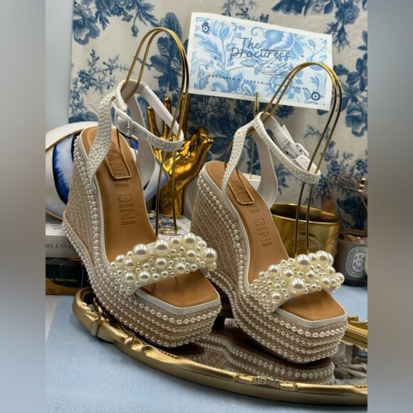 🆕 GIANNI BINI 🧿 NWOB Savanna Pearl Ornamented Platform Wedge Sandals, Sz 7 - Picture 3 of 13